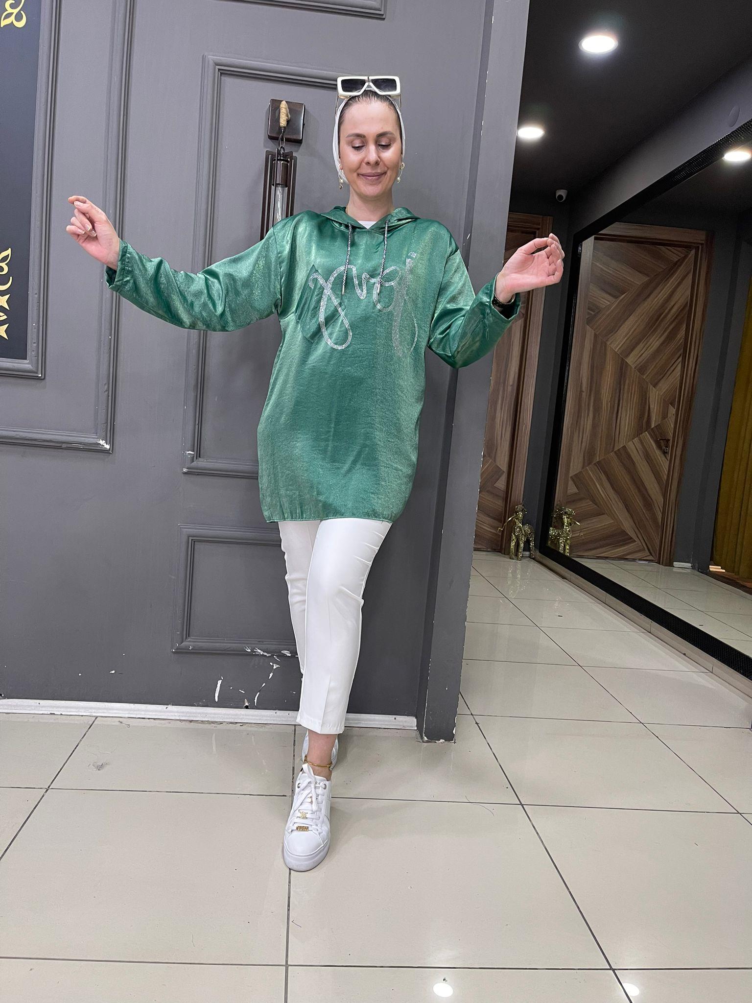 Saten Taşlı Sweat Yeşil
