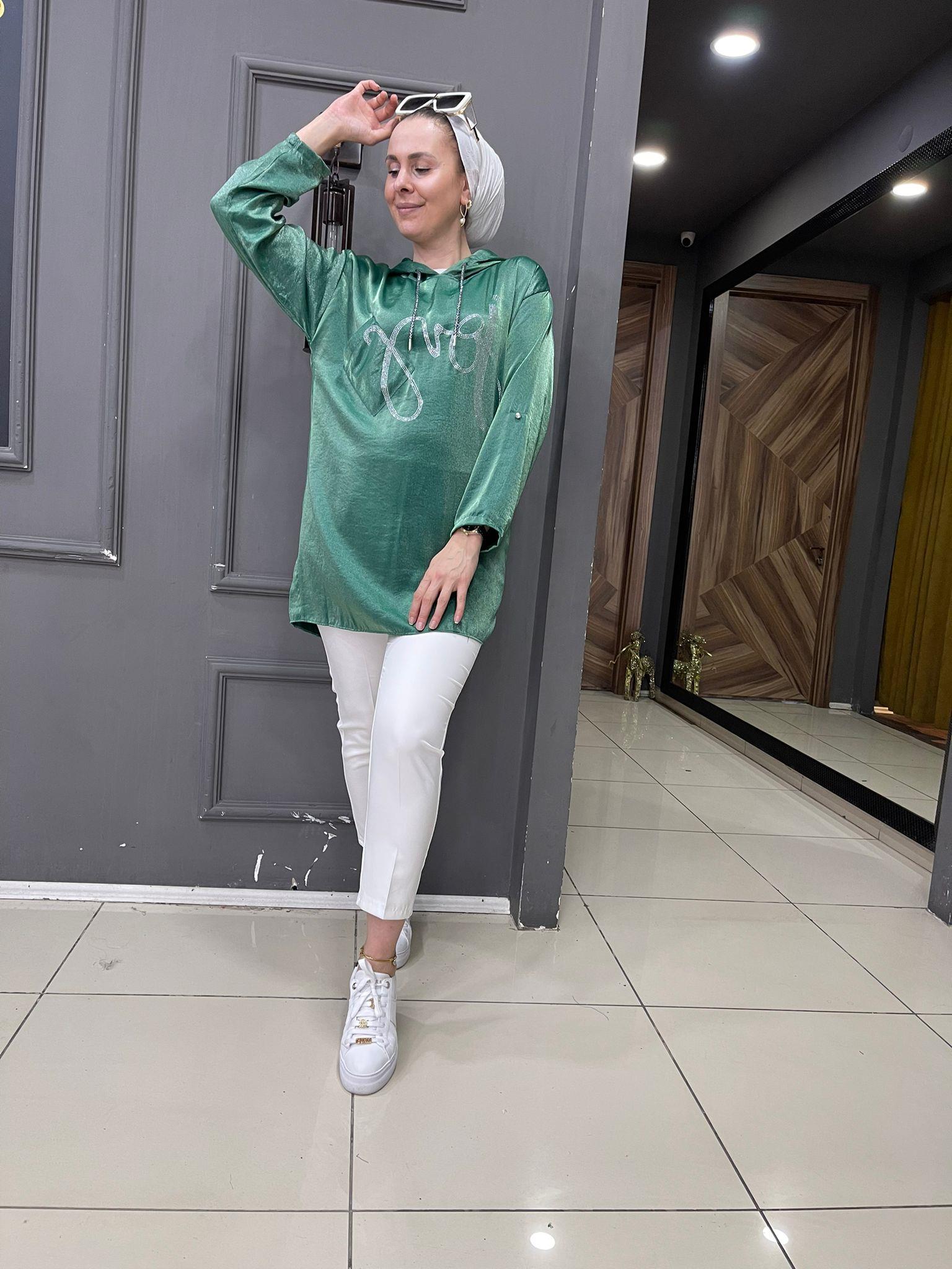 Saten Taşlı Sweat Yeşil