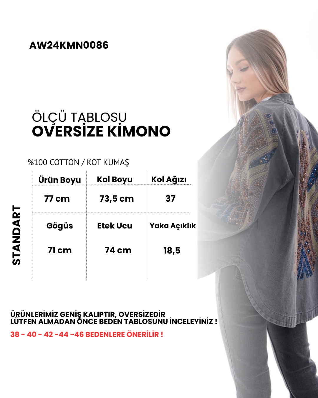 Bohem Pul Nakış Detaylı Oversize Kimono Siyah