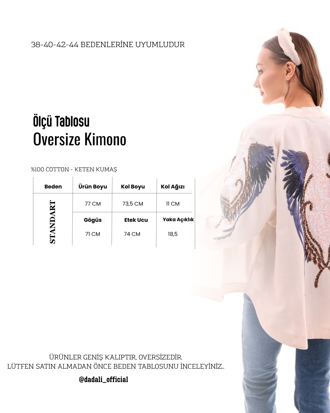 Dadali Anka Nakışlı Keten Kimono Vizon