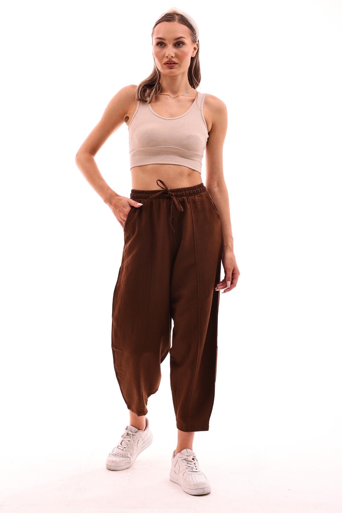 DADALİ Beli Lastikli Şalvar Pantolon Kahve