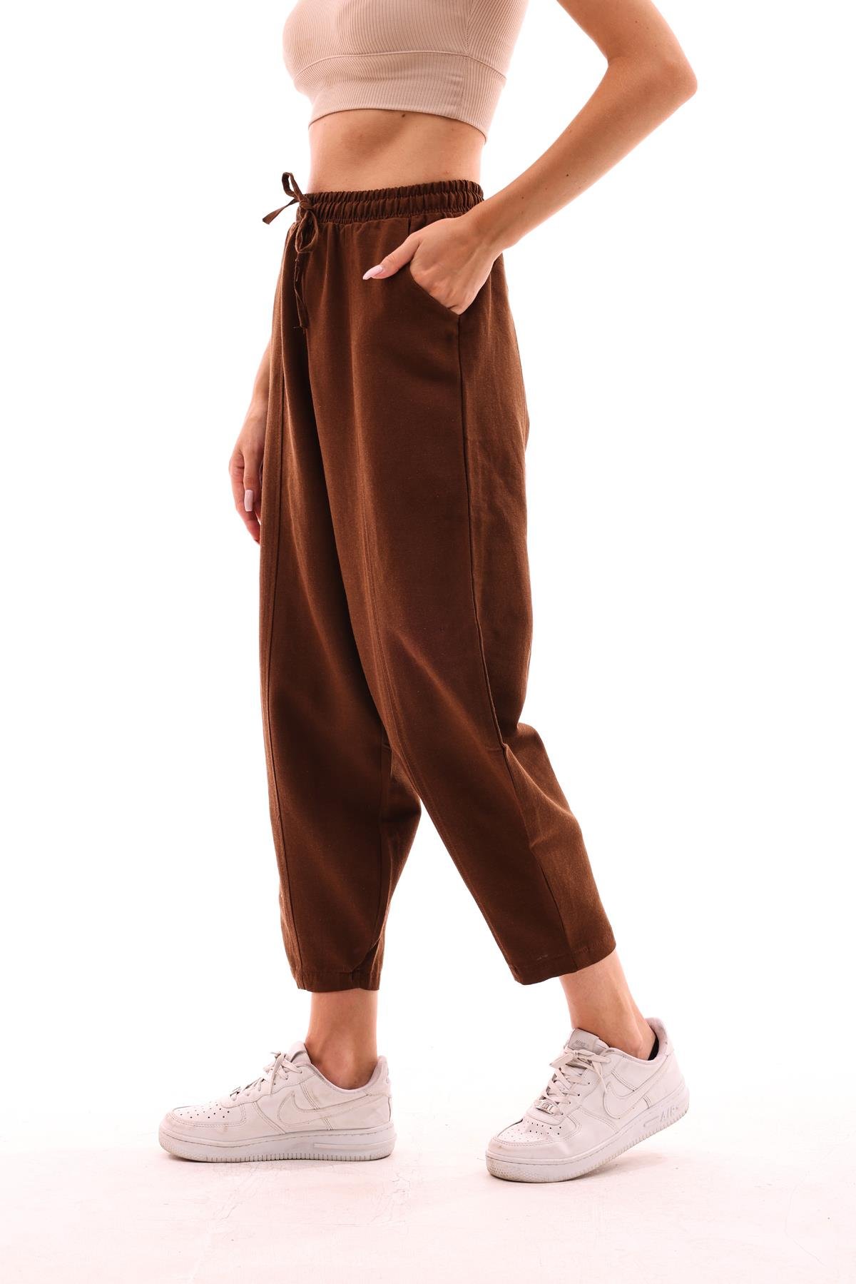 DADALİ Beli Lastikli Şalvar Pantolon Kahve