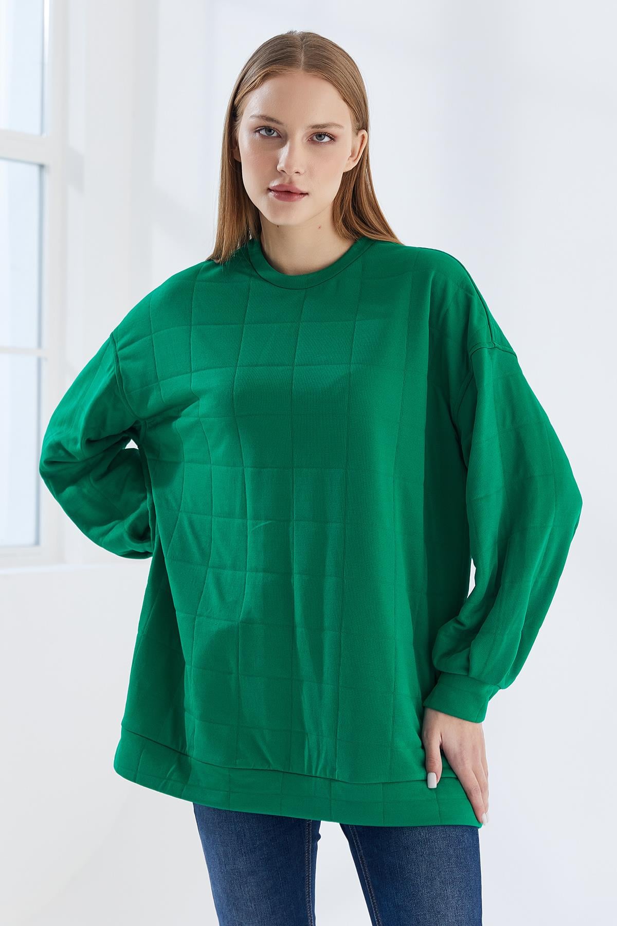 DADALİ Pile Detaylı Kare Desen Sweat Benetton Yeşil