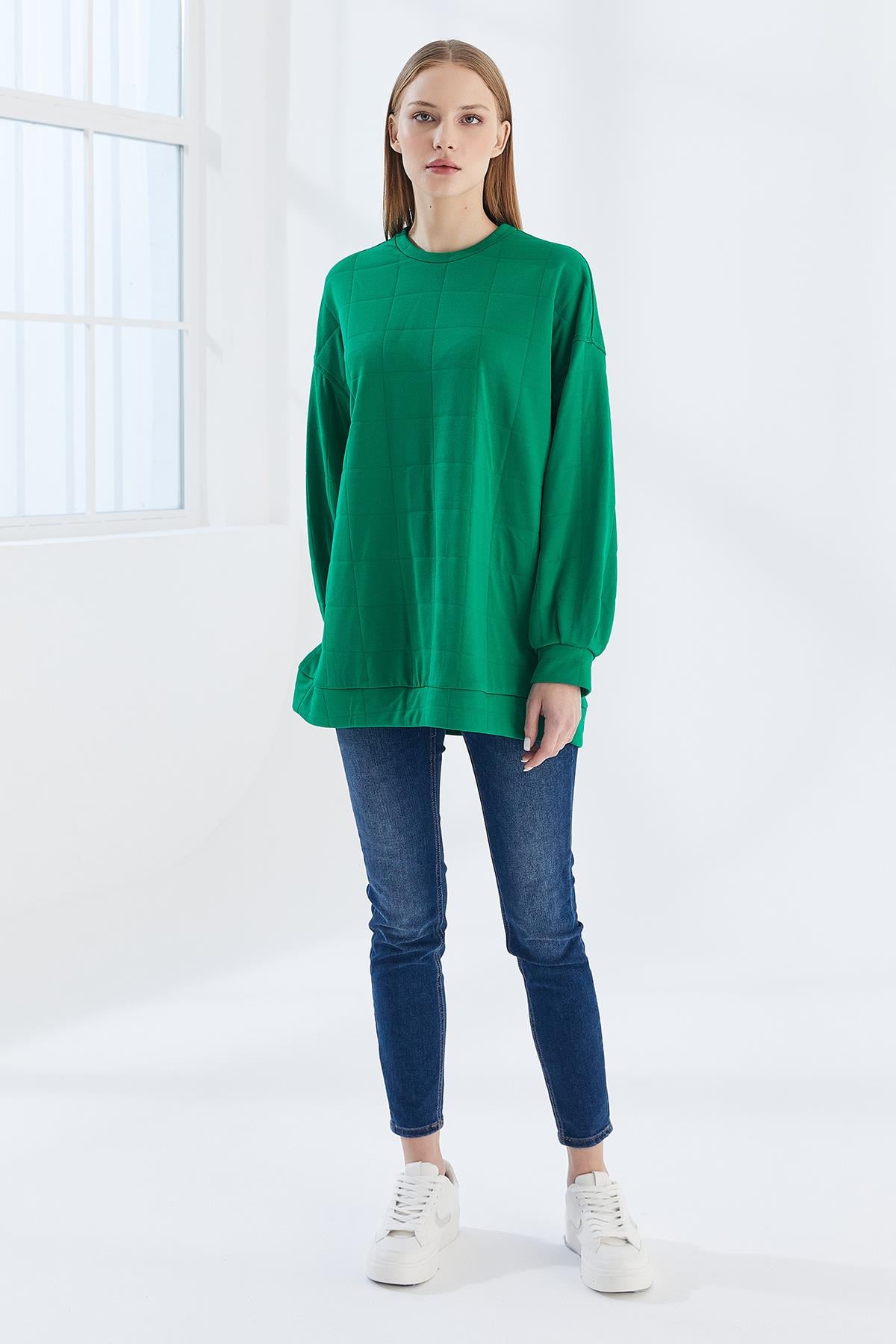 DADALİ Pile Detaylı Kare Desen Sweat Benetton Yeşil