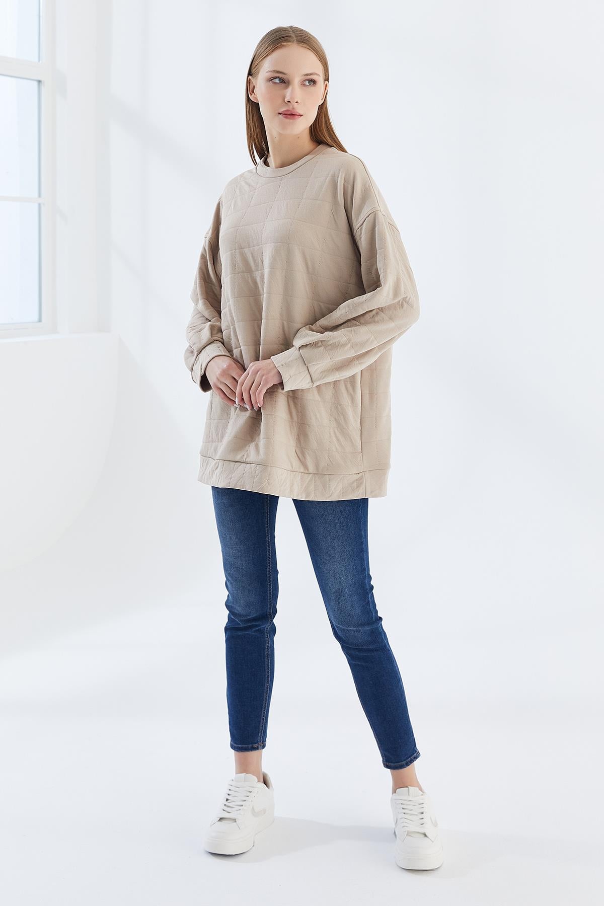 DADALİ Pile Detaylı Kare Desen Sweat Bej