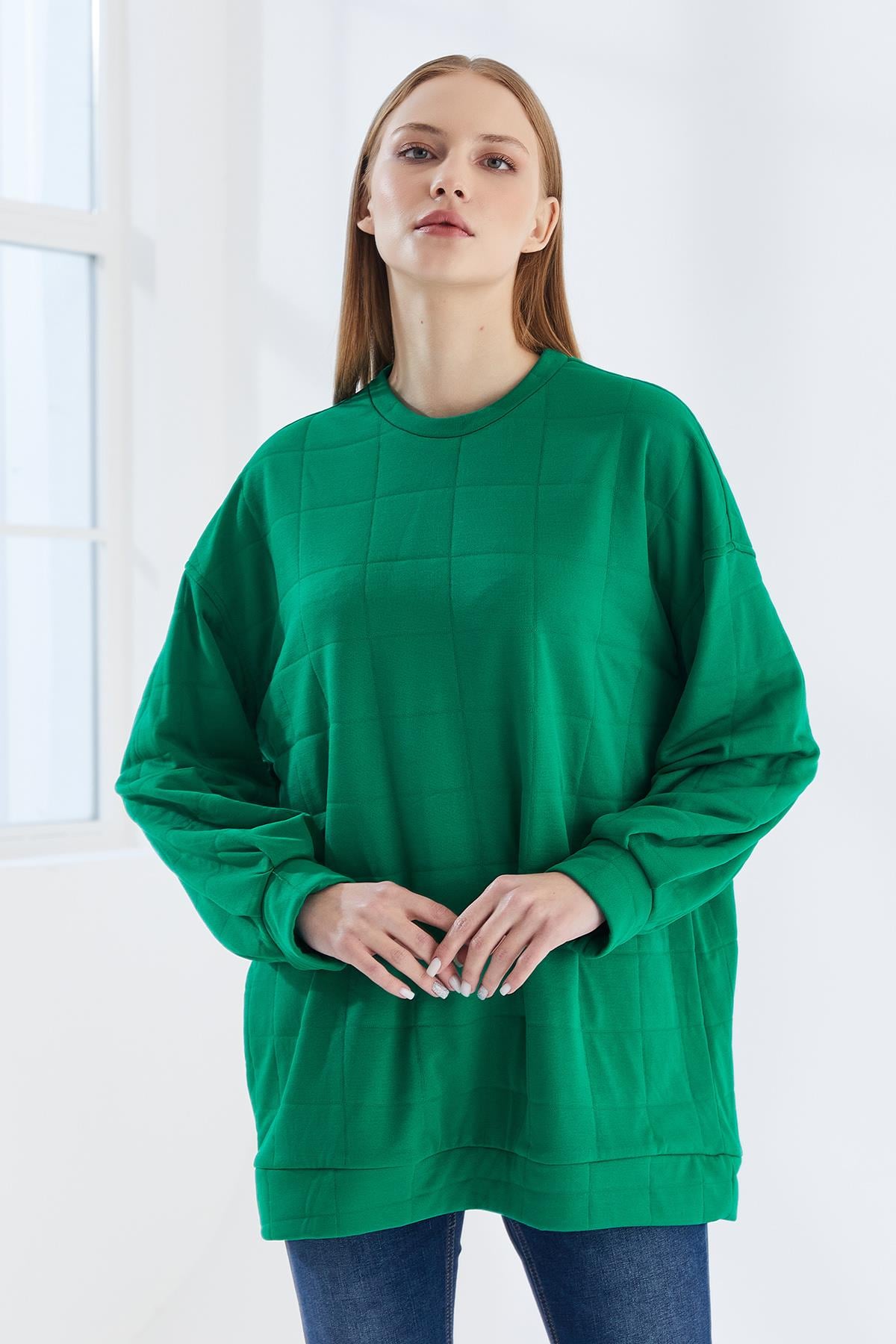 DADALİ Pile Detaylı Kare Desen Sweat Benetton Yeşil