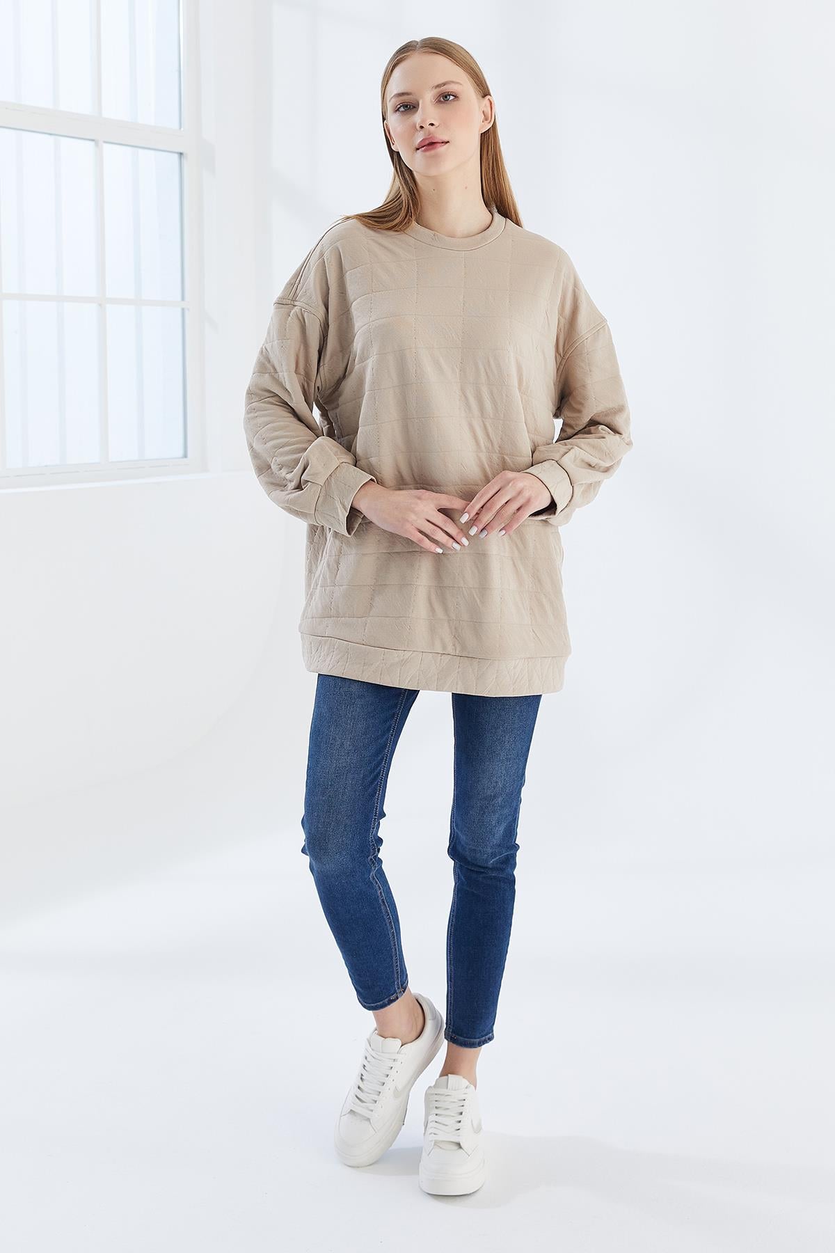 DADALİ Pile Detaylı Kare Desen Sweat Bej