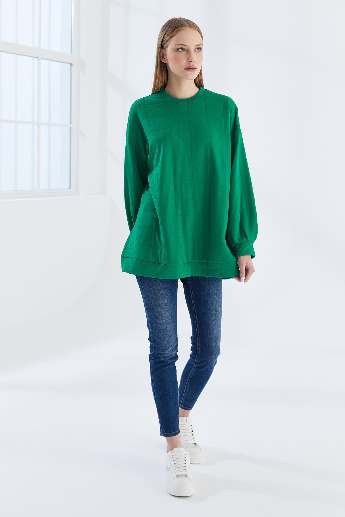 DADALİ Pile Detaylı Kare Desen Sweat Benetton Yeşil