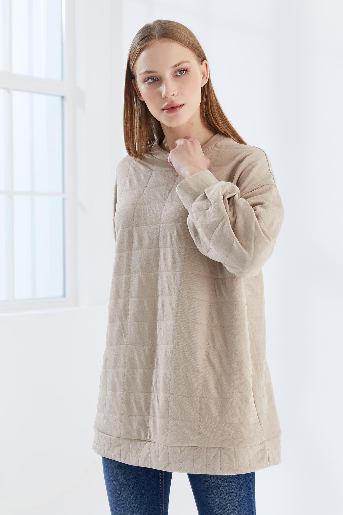 DADALİ Pile Detaylı Kare Desen Sweat Bej