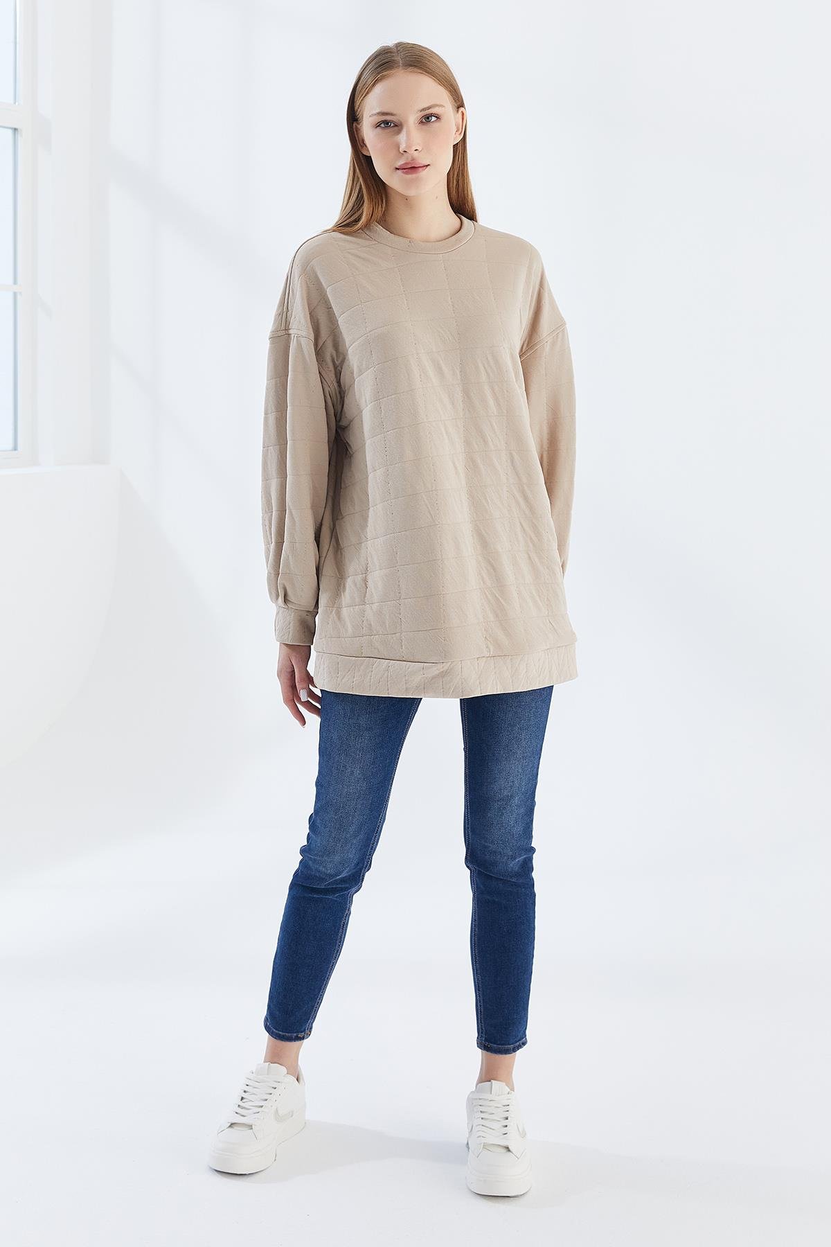 DADALİ Pile Detaylı Kare Desen Sweat Bej
