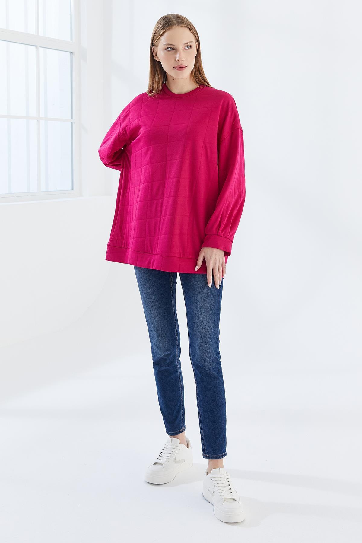 DADALİ Pile Detaylı Kare Desen Sweat Fuşya