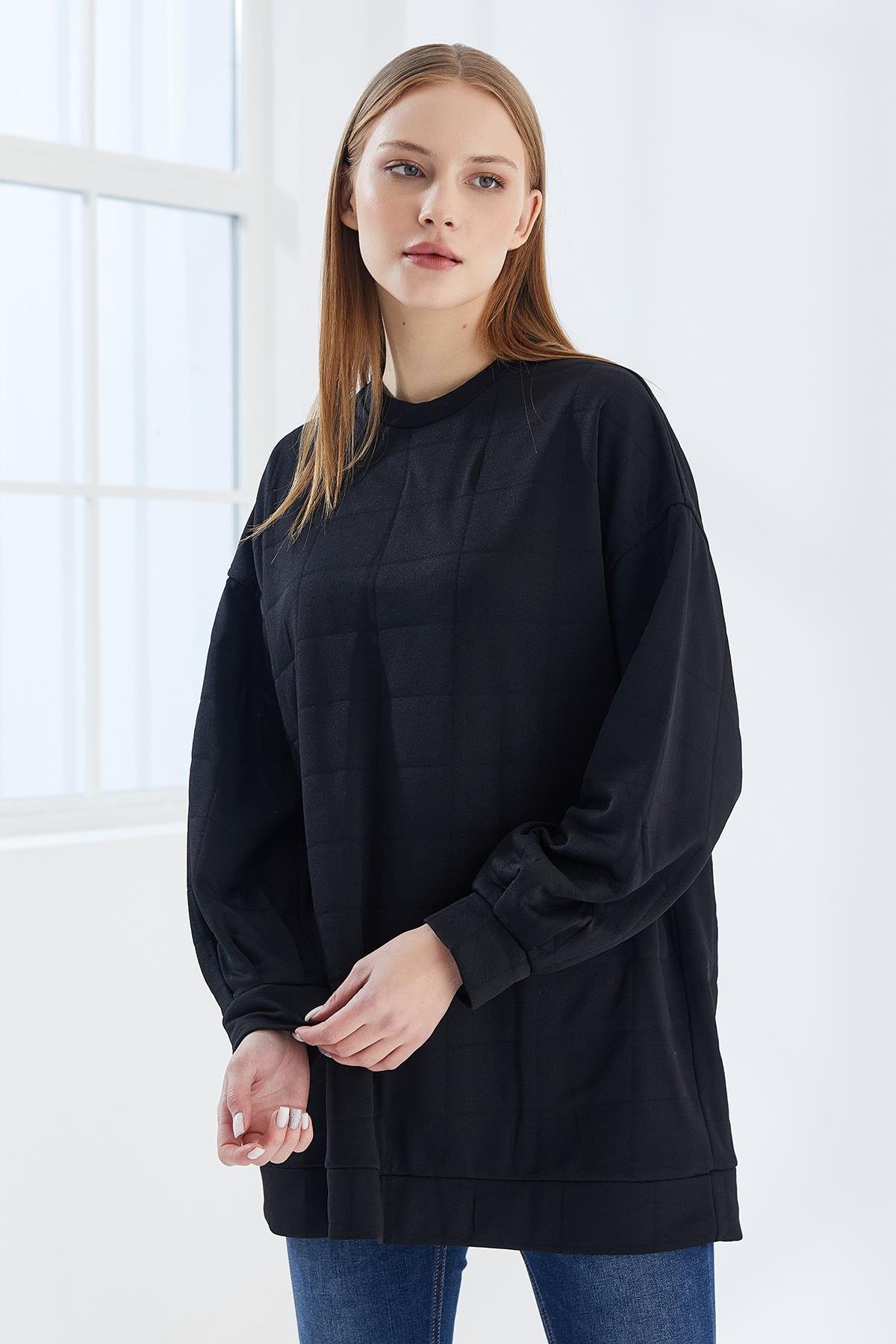DADALİ Pile Detaylı Kare Desen Sweat Siyah