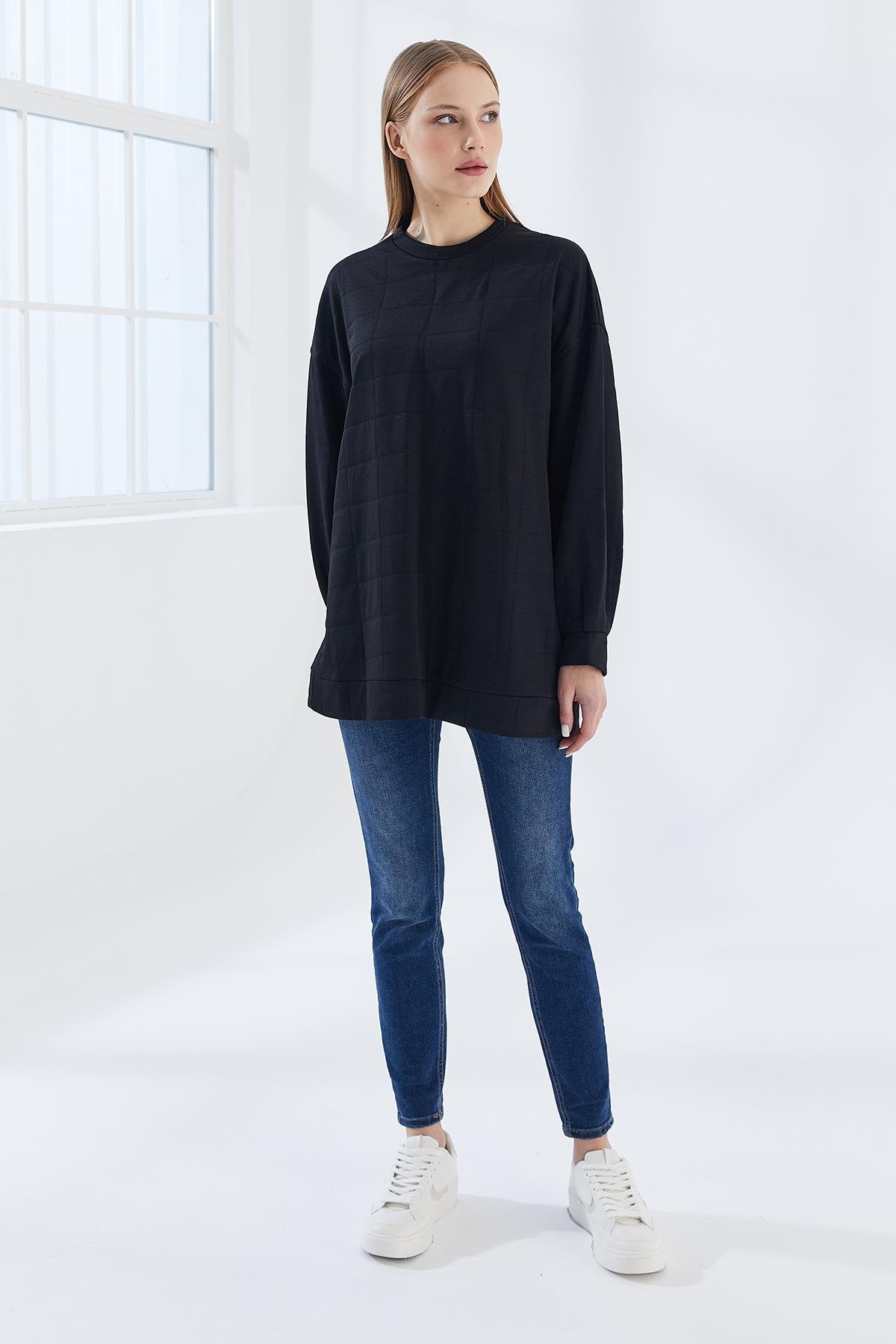 DADALİ Pile Detaylı Kare Desen Sweat Siyah