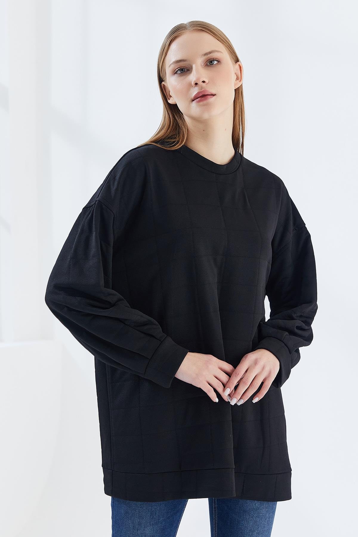DADALİ Pile Detaylı Kare Desen Sweat Siyah