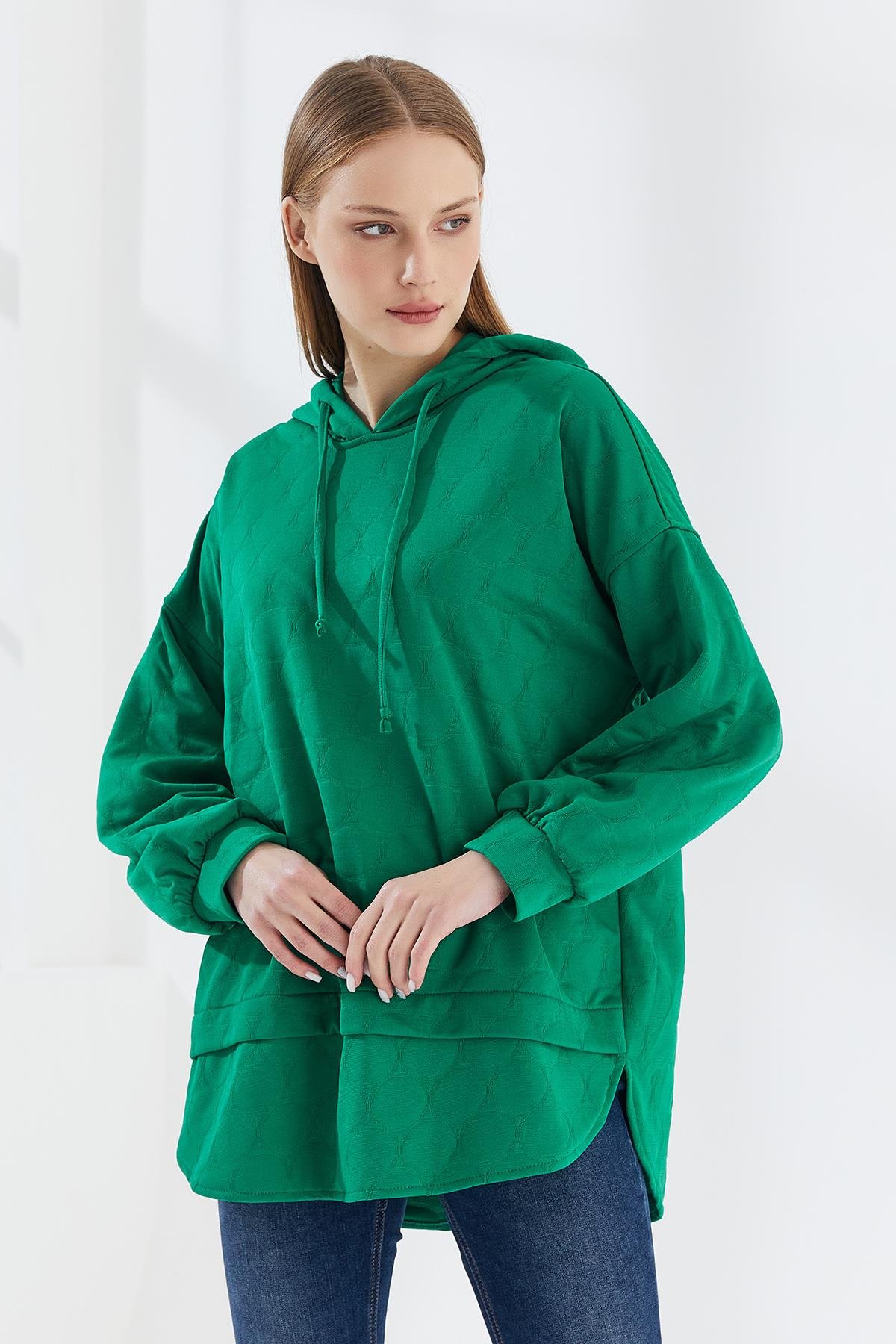 DADALİ Yuvarlak Desen Kapüşonlu Sweat Benetton Yeşil