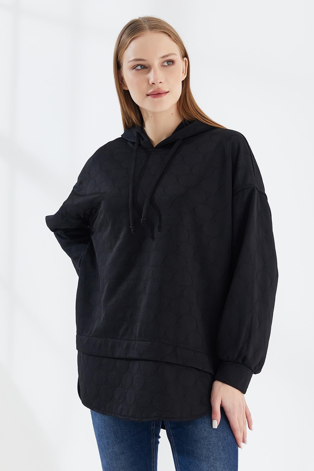 DADALİ Yuvarlak Desen Kapüşonlu Sweat Siyah