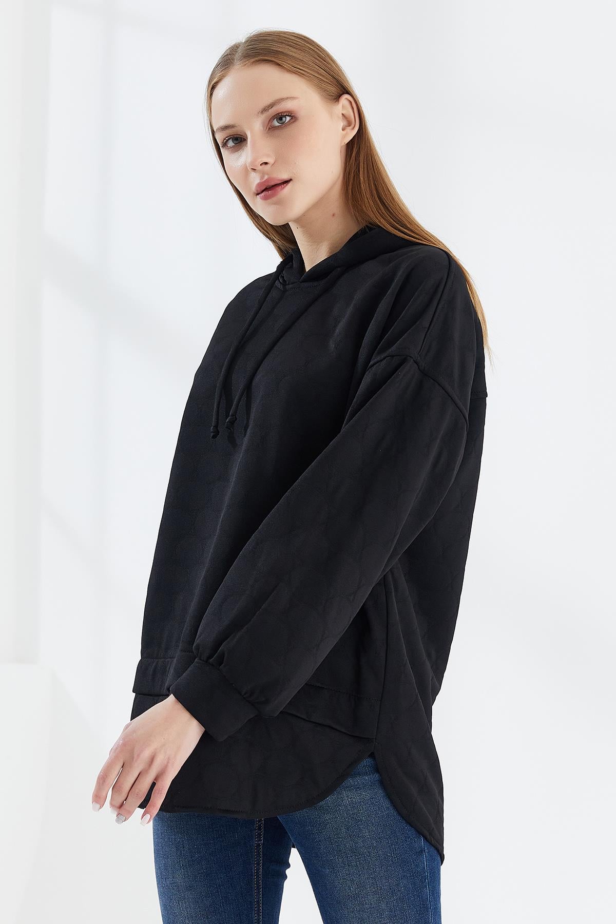 DADALİ Yuvarlak Desen Kapüşonlu Sweat Siyah