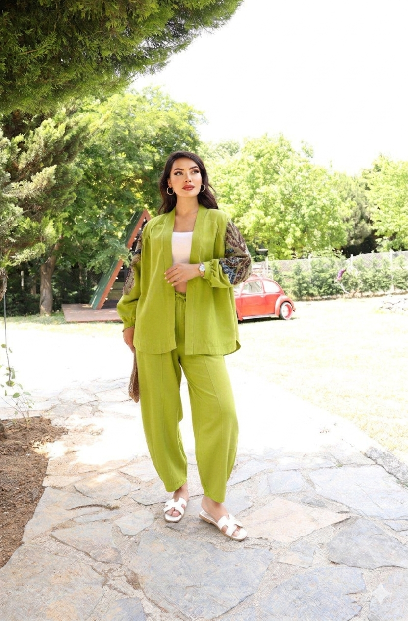 Oversize Nakışlı Keten Kimono Yağ Yeşili