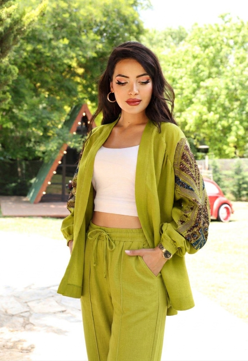 Oversize Nakışlı Keten Kimono Yağ Yeşili