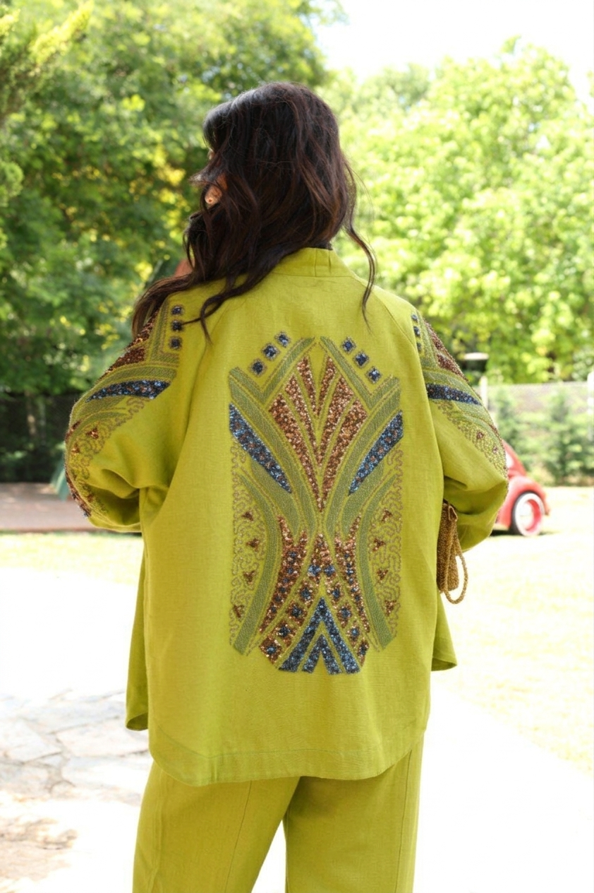 Oversize Nakışlı Keten Kimono Yağ Yeşili
