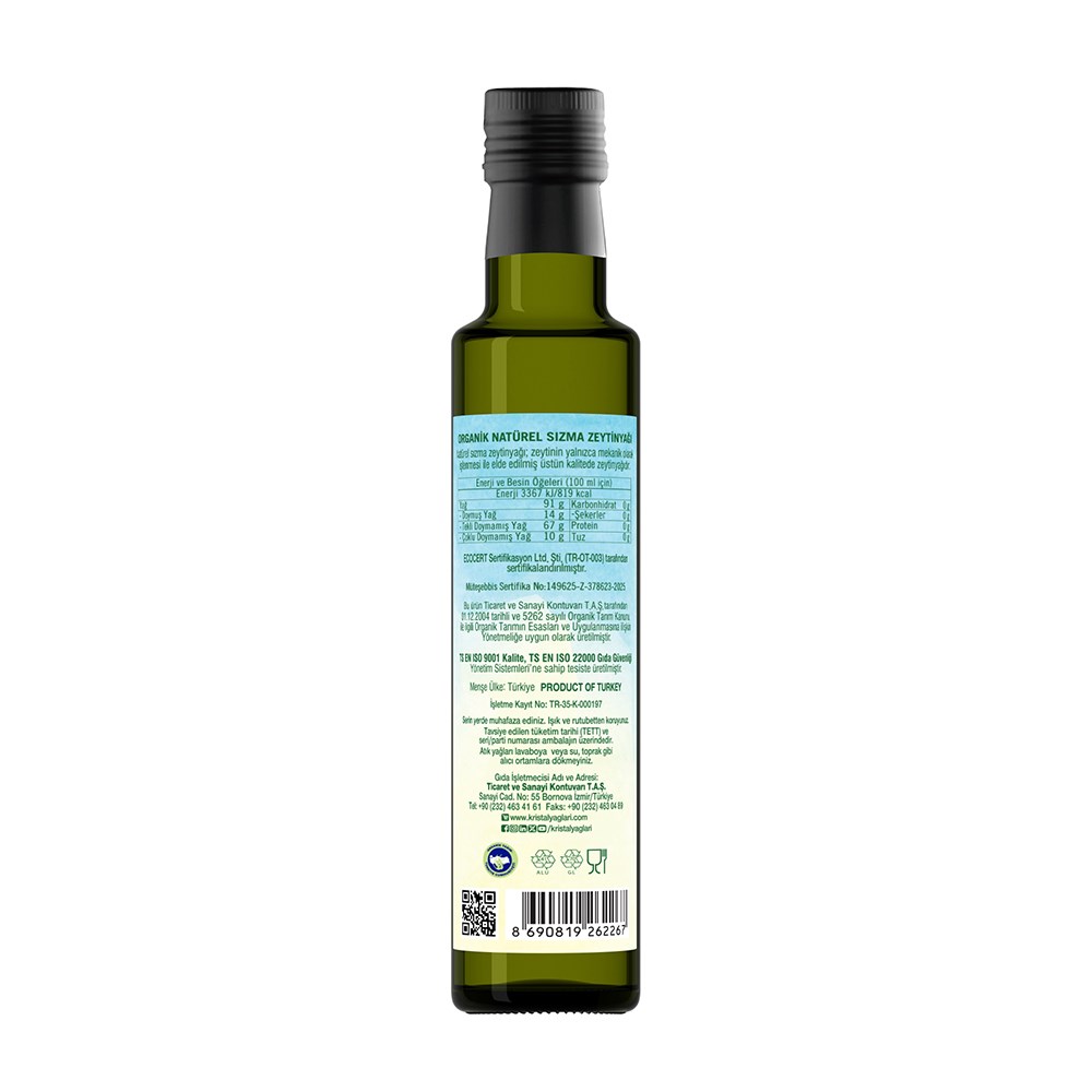 Organik Natürel Sızma Zeytinyağı 250 ml Cam Şişe