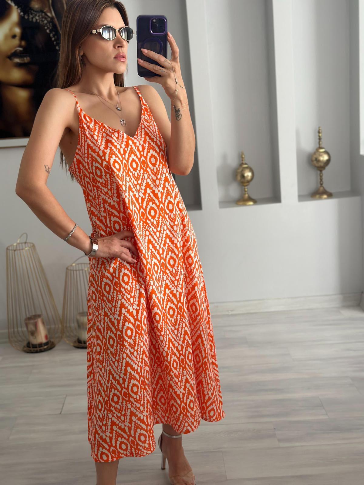 Askılı Turuncu Maxi Elbise