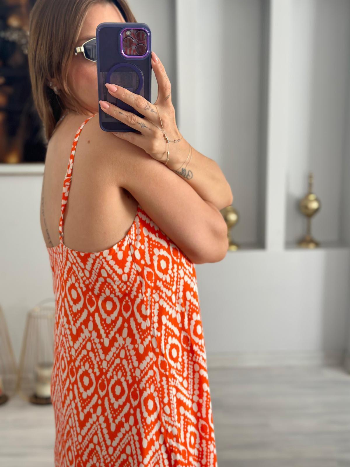 Askılı Turuncu Maxi Elbise