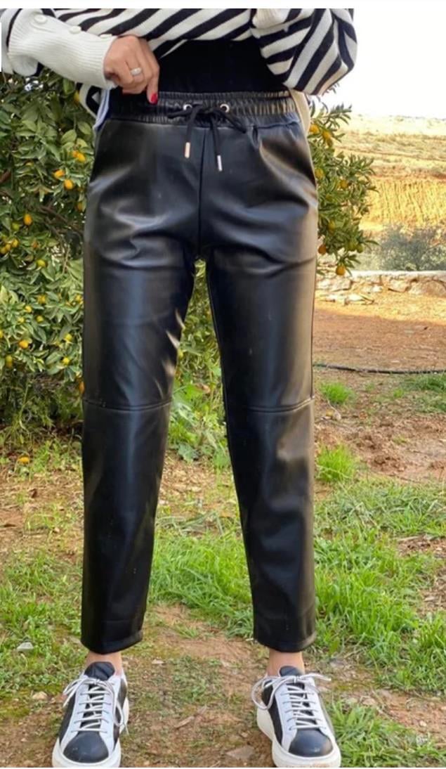 Siyah Şardonlu Deri Pantolon 
