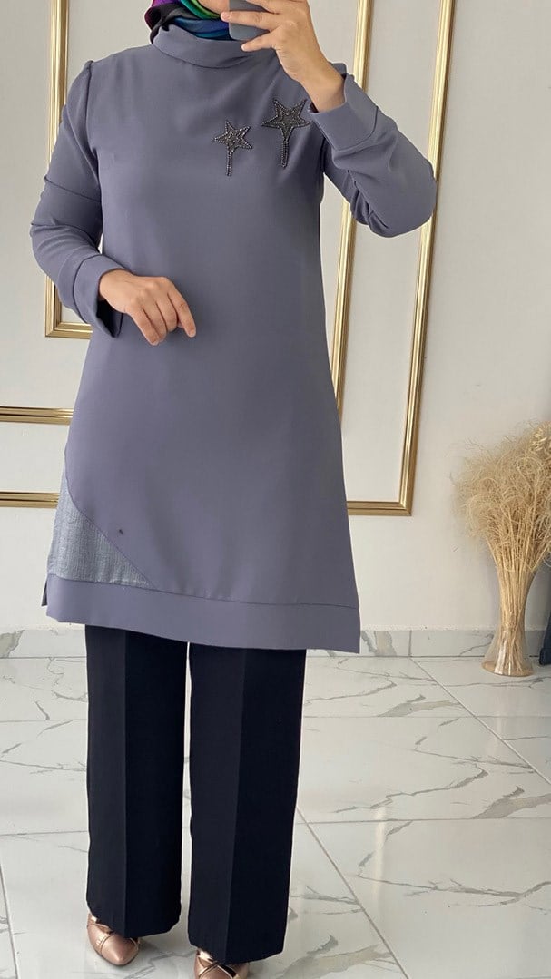 Çift Yıldız Detaylı Gri Tunik FRY