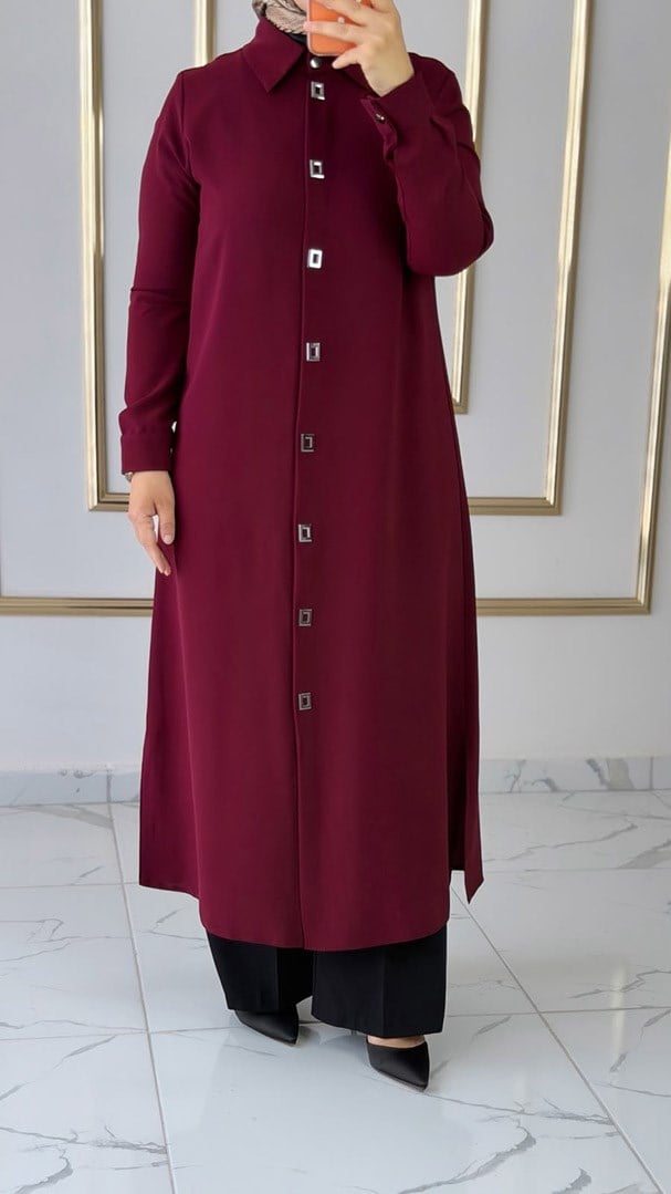 Çıtçıtlı Uzun Bordo Tunik FRY