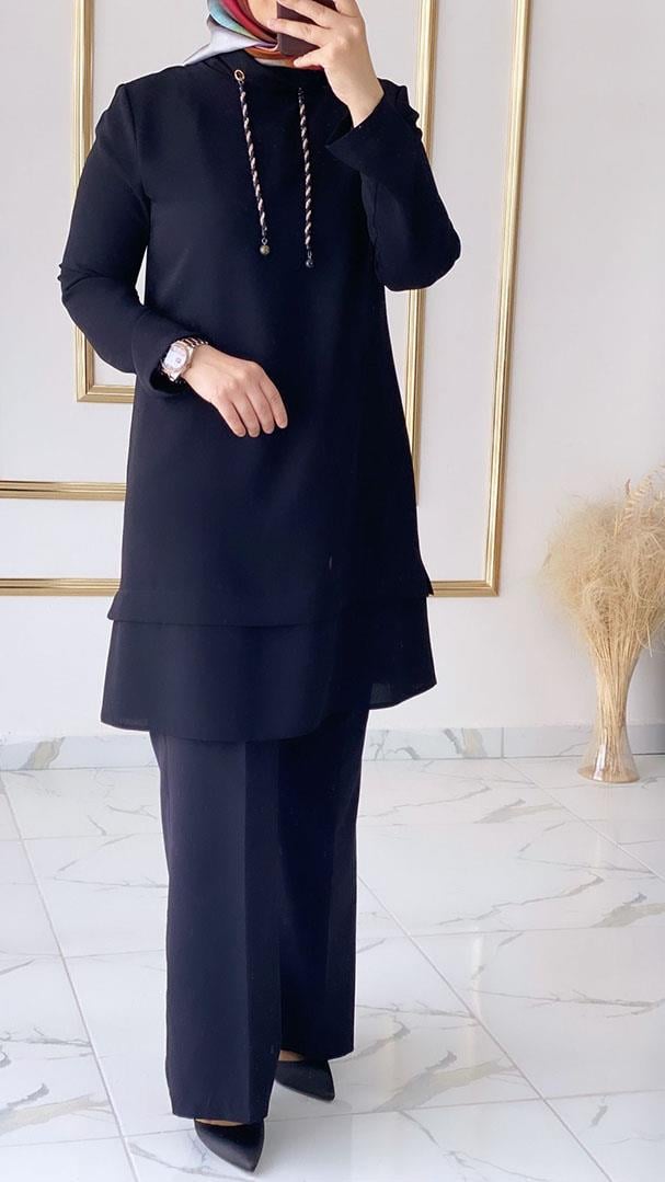 Degrade Yaka Spor Şık Siyah Tunik FRY
