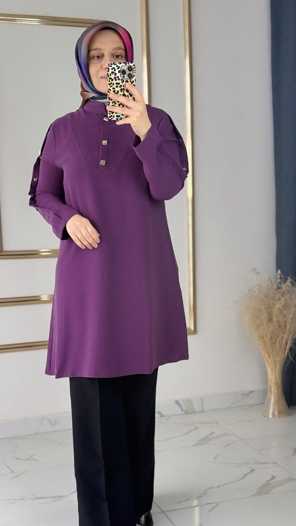 Kare Çıtçıtlı Spor Mor Tunik FRY