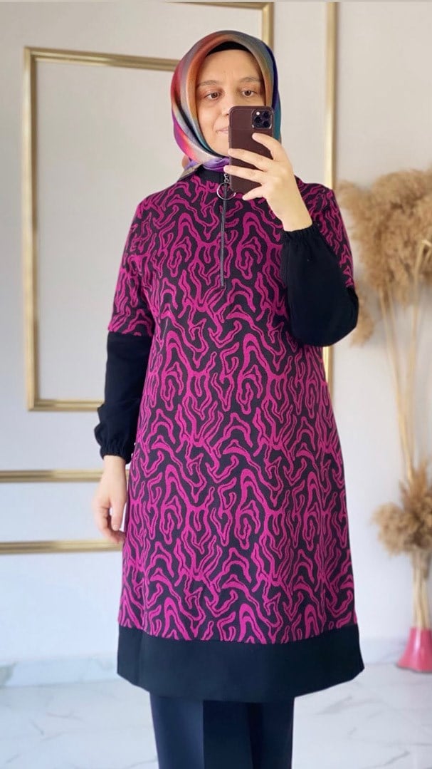 Kendinden Desenli Pembe Tunik FRY
