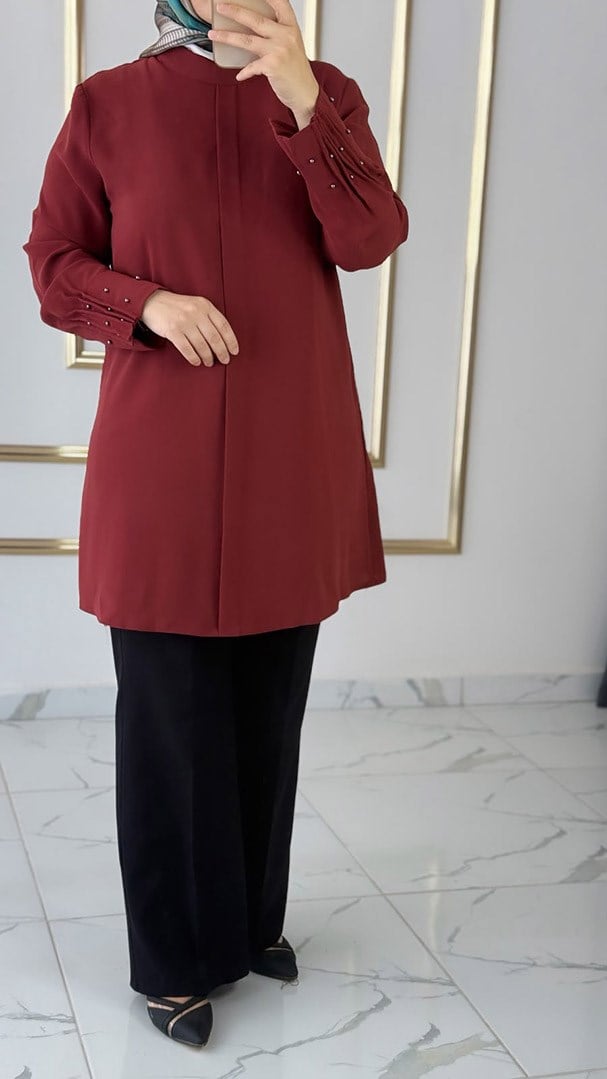 Kolları Pike ve İncili Kiremit Tunik