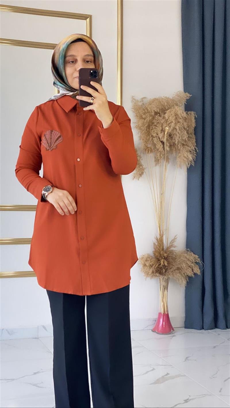 Qeten Davis İşlemeli Taşlı Kiremit Tunik FRY2687