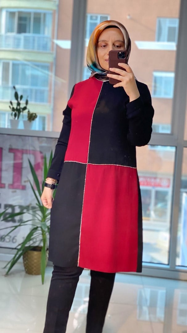 Taş Detaylı Simetrik Kırmızı Tunik FRY