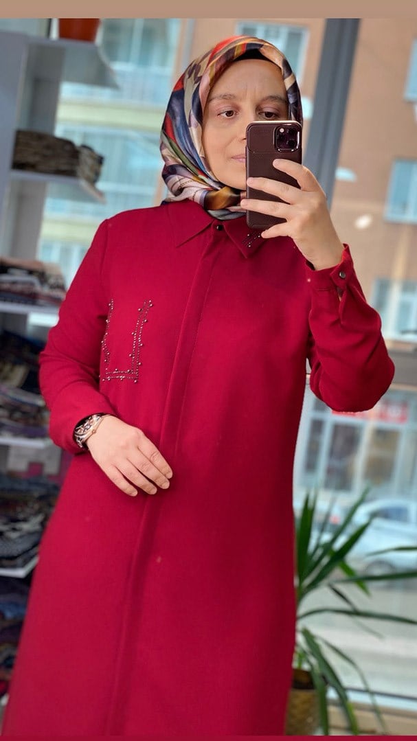 Taş Detaylı Uzun Kırmızı Tunik FRY