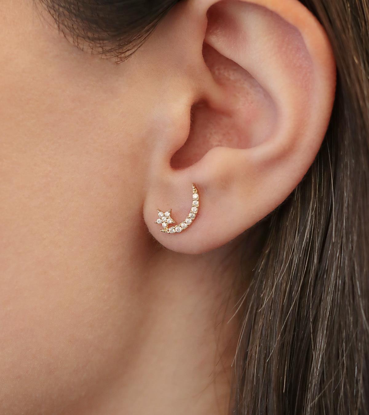 Taşlı Ay Yıldız Küpe