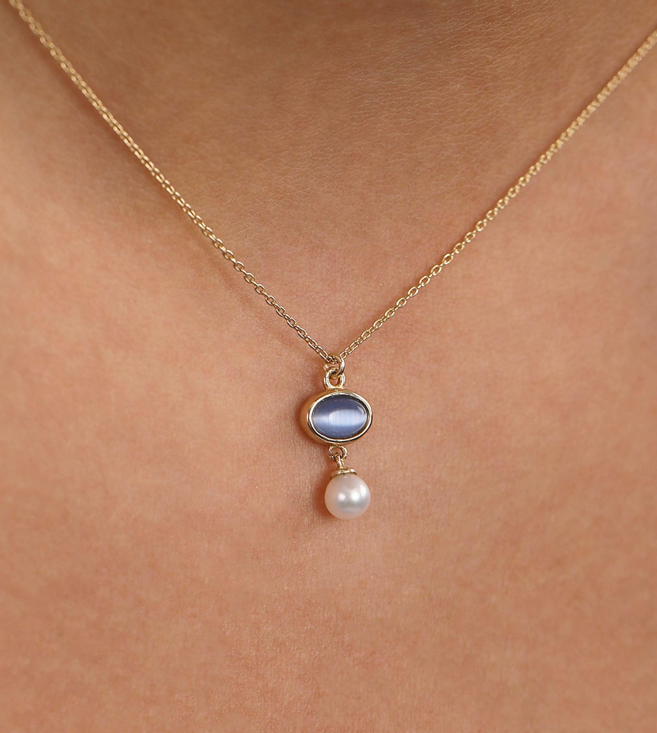 İncili Mavi Opal Kolye