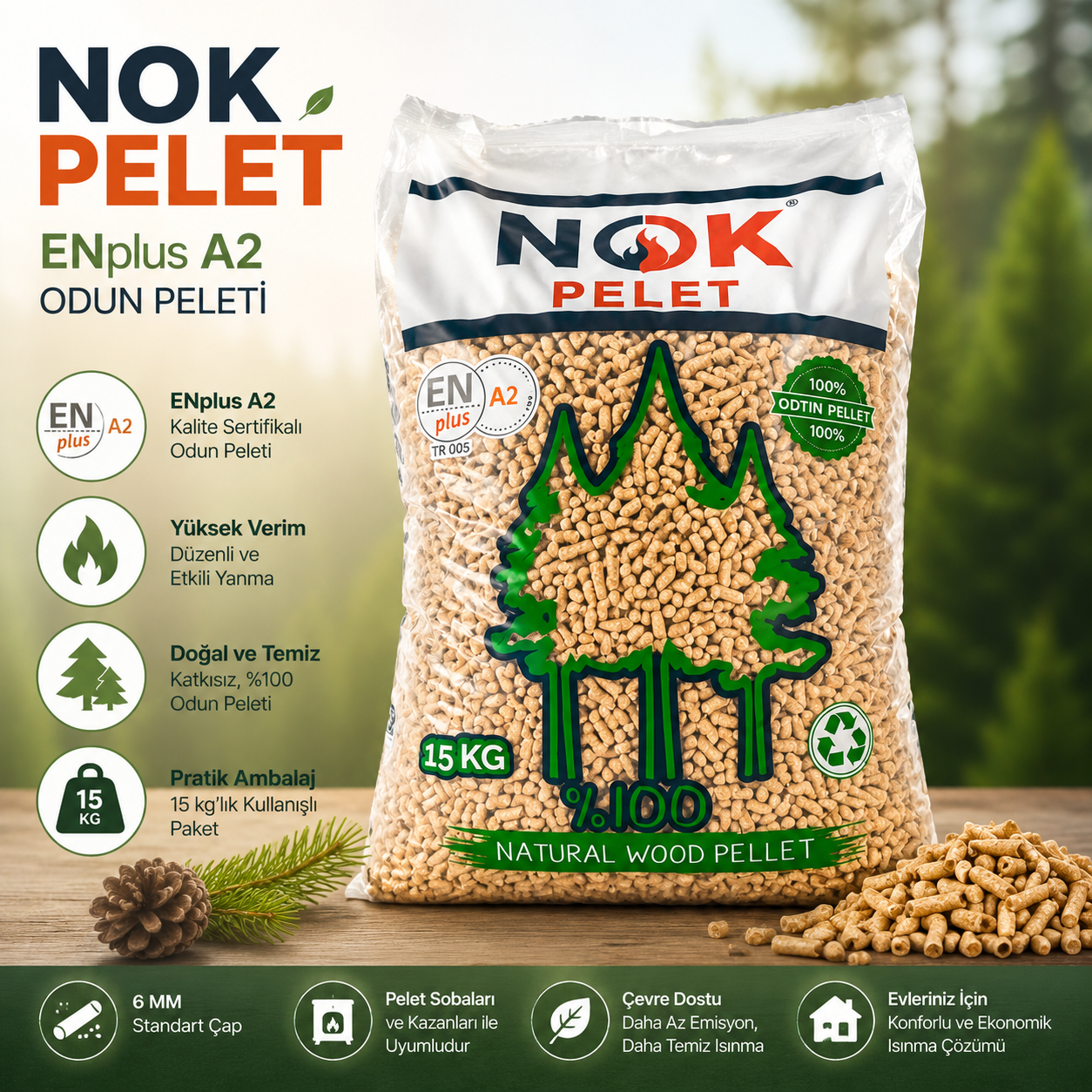 Nok Pelet ENplus A2 6 mm Odun Peleti 15 kg