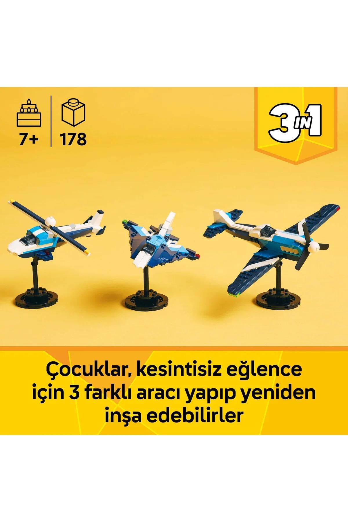 ® Creator 3’ü 1 Arada Uçak: Yarış Uçağı 31160 - 7+ Çocuklar için Yaratıcı Oyuncak Yapım Seti (178P)-Lego