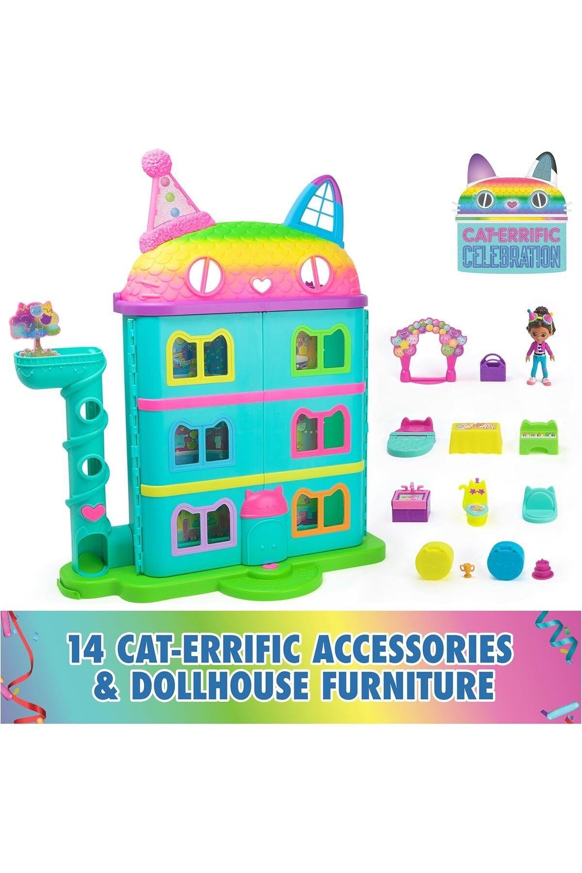 15 parça Purrfect Party Oyuncak Bebek Evi Oyun Seti Gökkuşağı Görünümlü-Kız Rol Oyuncakları