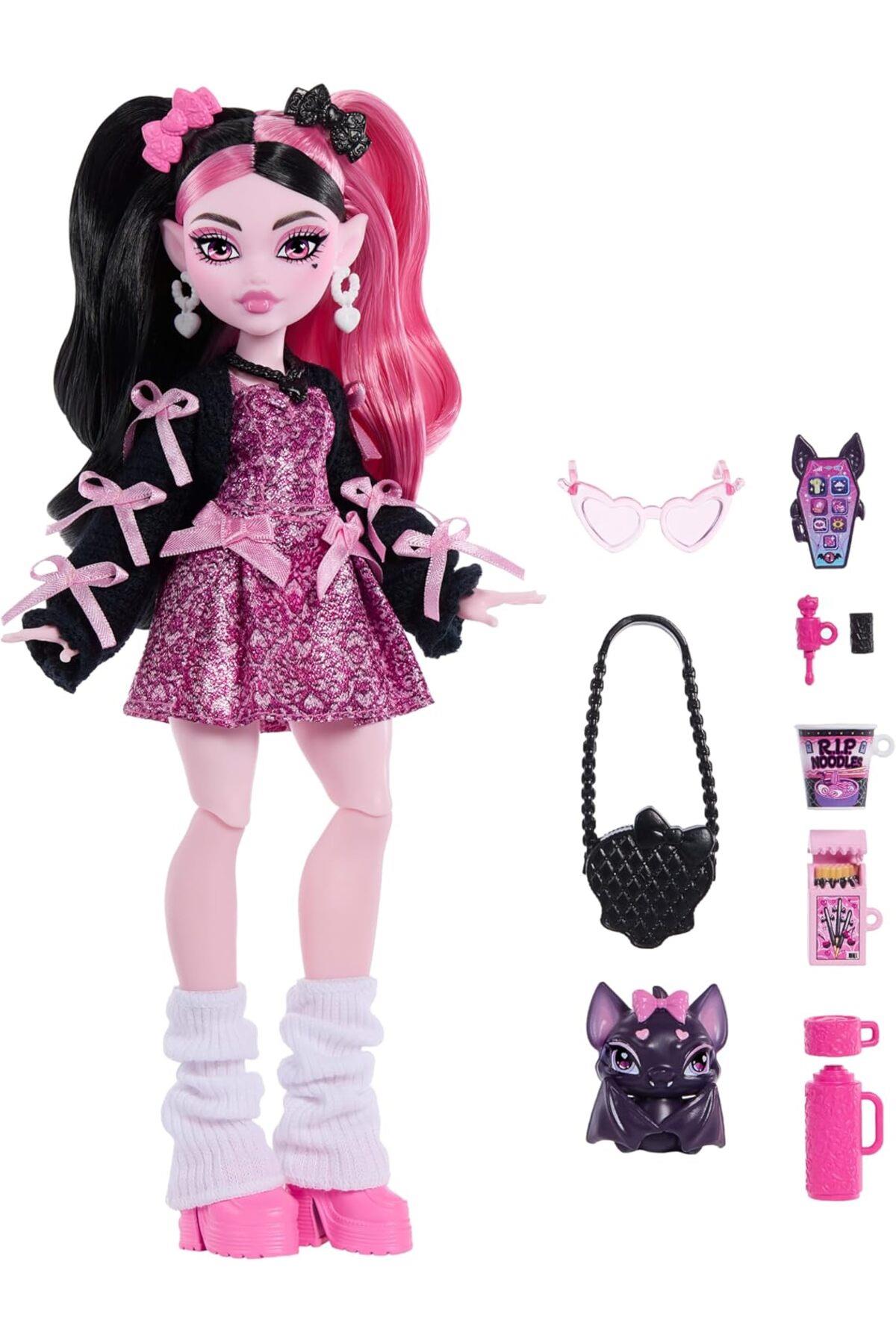 Bebek, Pembe Fiyonklu Elbise ve Siyah Hırka ile Draculaura JHK29-Oyuncak Bebekler