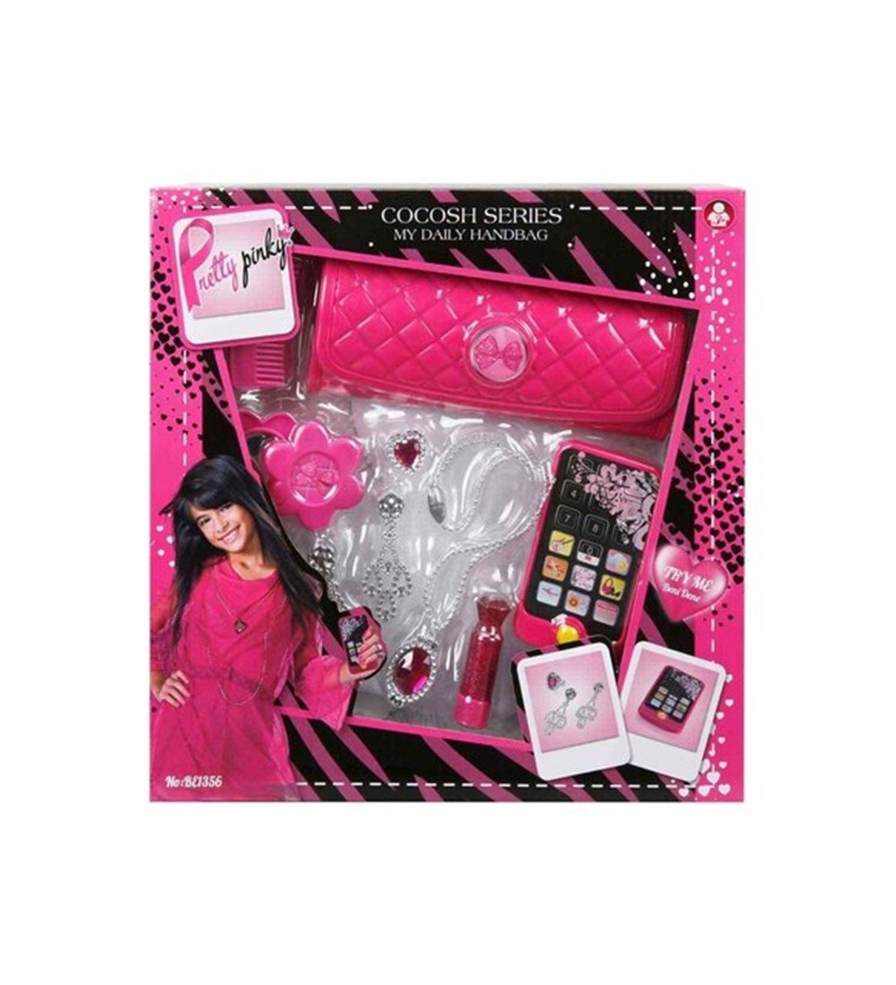 Çantalı Güzellik Oyun Seti - Kolye-Pembe Telefon-Oyuncak Bebekler