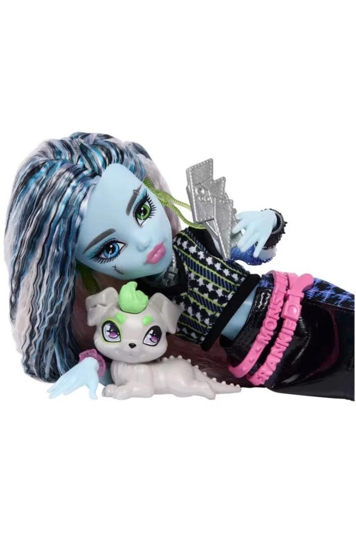 Frankie Stein Bebek, Göbeği Açık Kazak, Deri Etek, Köpek Watzie, Kulaklık, Kemer Çantası JHK31-Oyuncak Bebekler