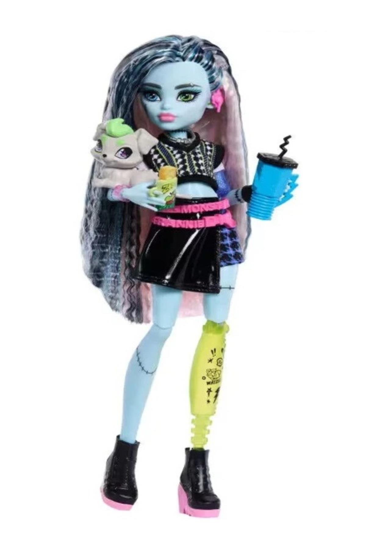 Frankie Stein Bebek, Göbeği Açık Kazak, Deri Etek, Köpek Watzie, Kulaklık, Kemer Çantası JHK31-Oyuncak Bebekler