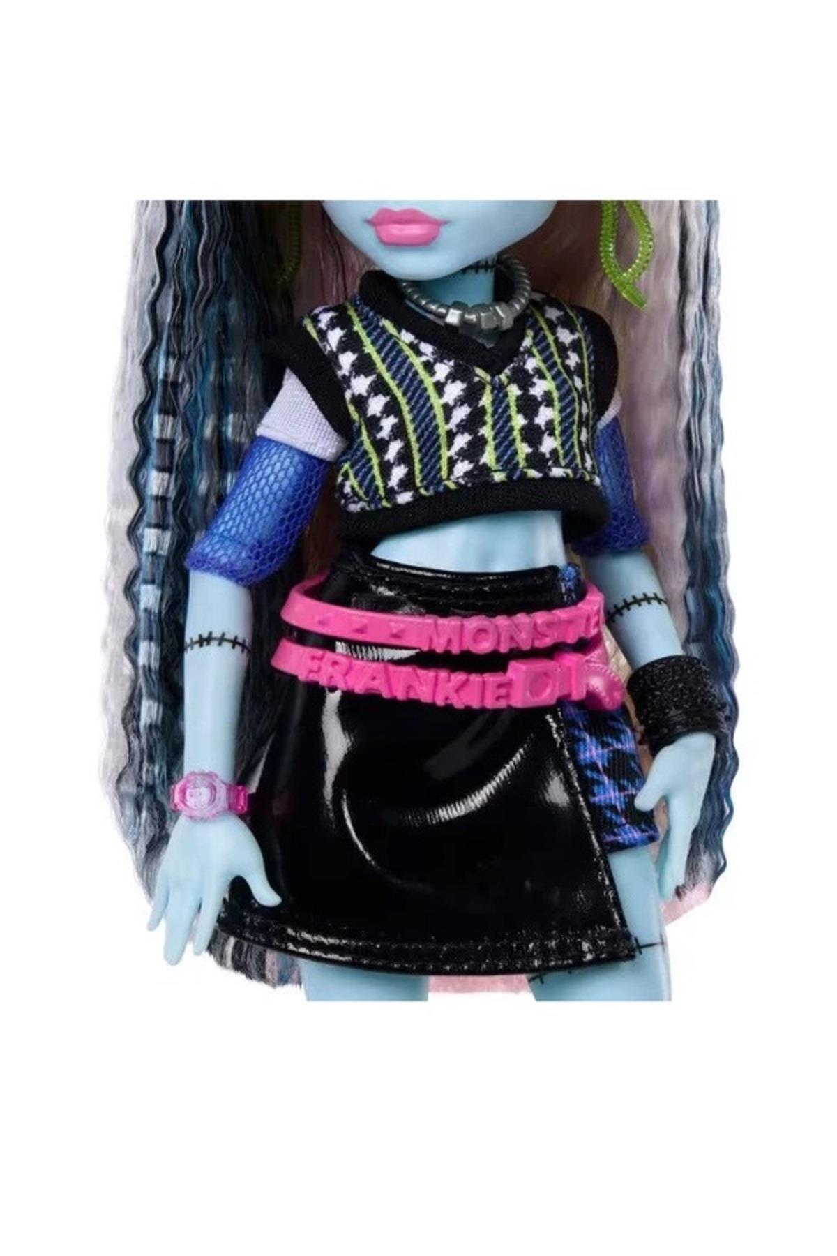 Frankie Stein Bebek, Göbeği Açık Kazak, Deri Etek, Köpek Watzie, Kulaklık, Kemer Çantası JHK31-Oyuncak Bebekler