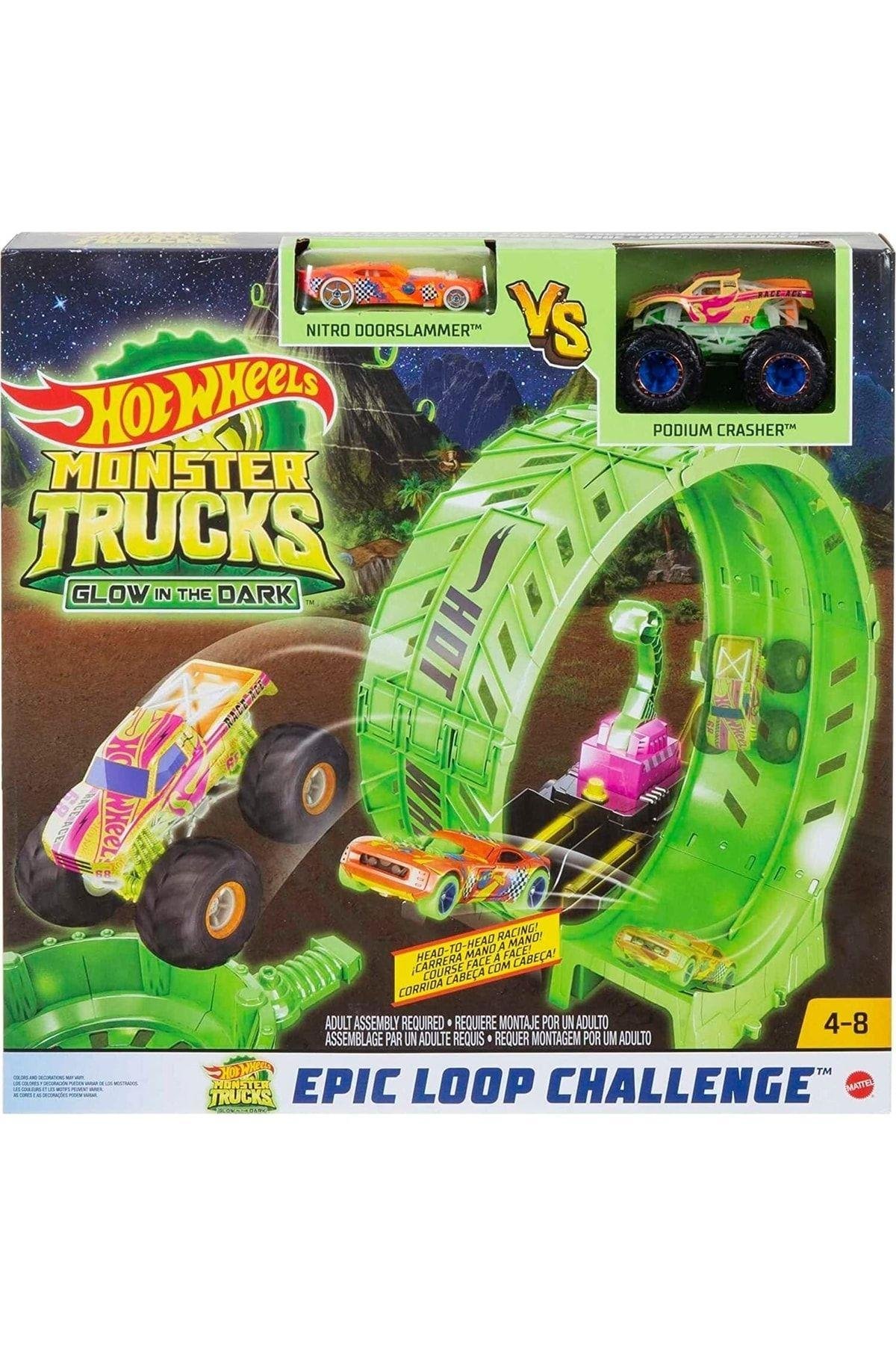 HOT WHEELS Hot Wheels Monster Trucks Karanlıkta Parlayan Çemberde Yarış Seti HBN02-Araba Garaj ve Setleri