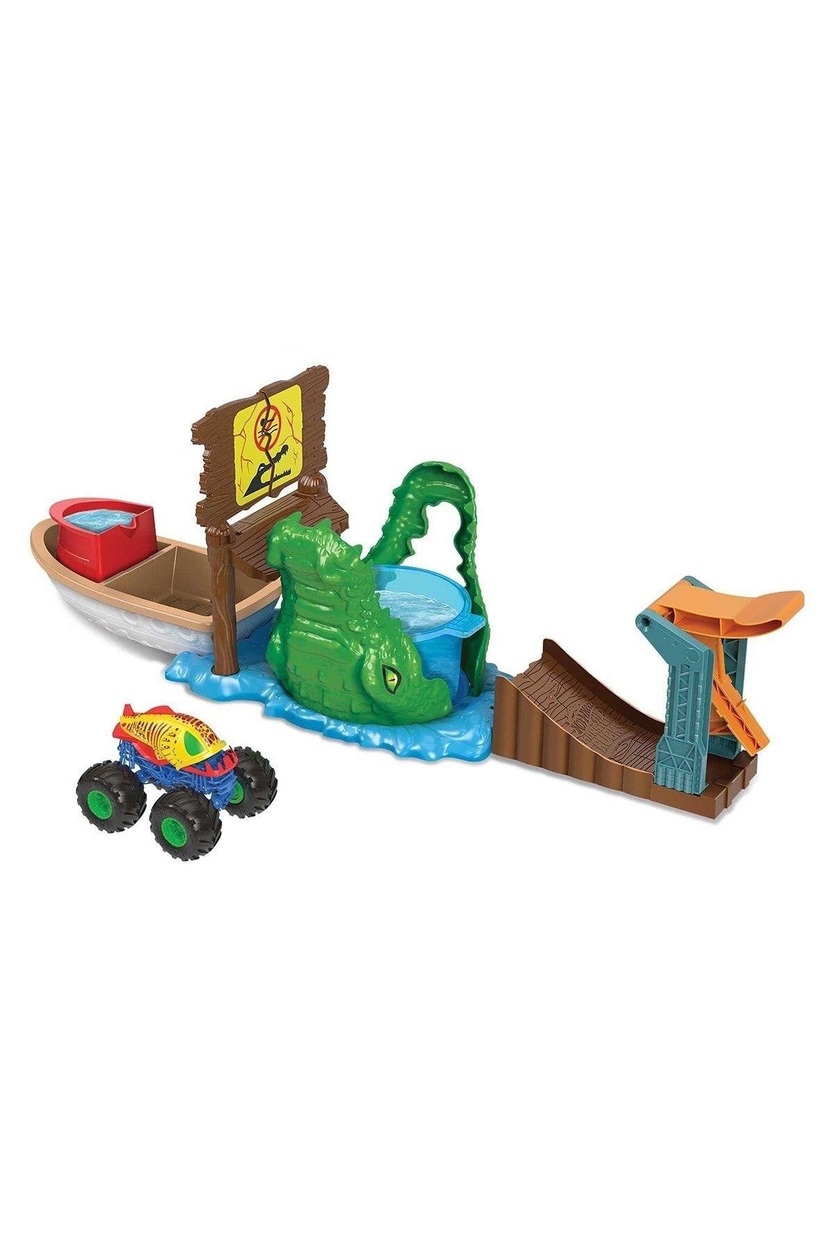 HOT WHEELS - Monster Trucks Renk Değiştiren Araçlar Timsahtan Kaçış Oyun Seti HGV14-Araba Garaj ve Setleri