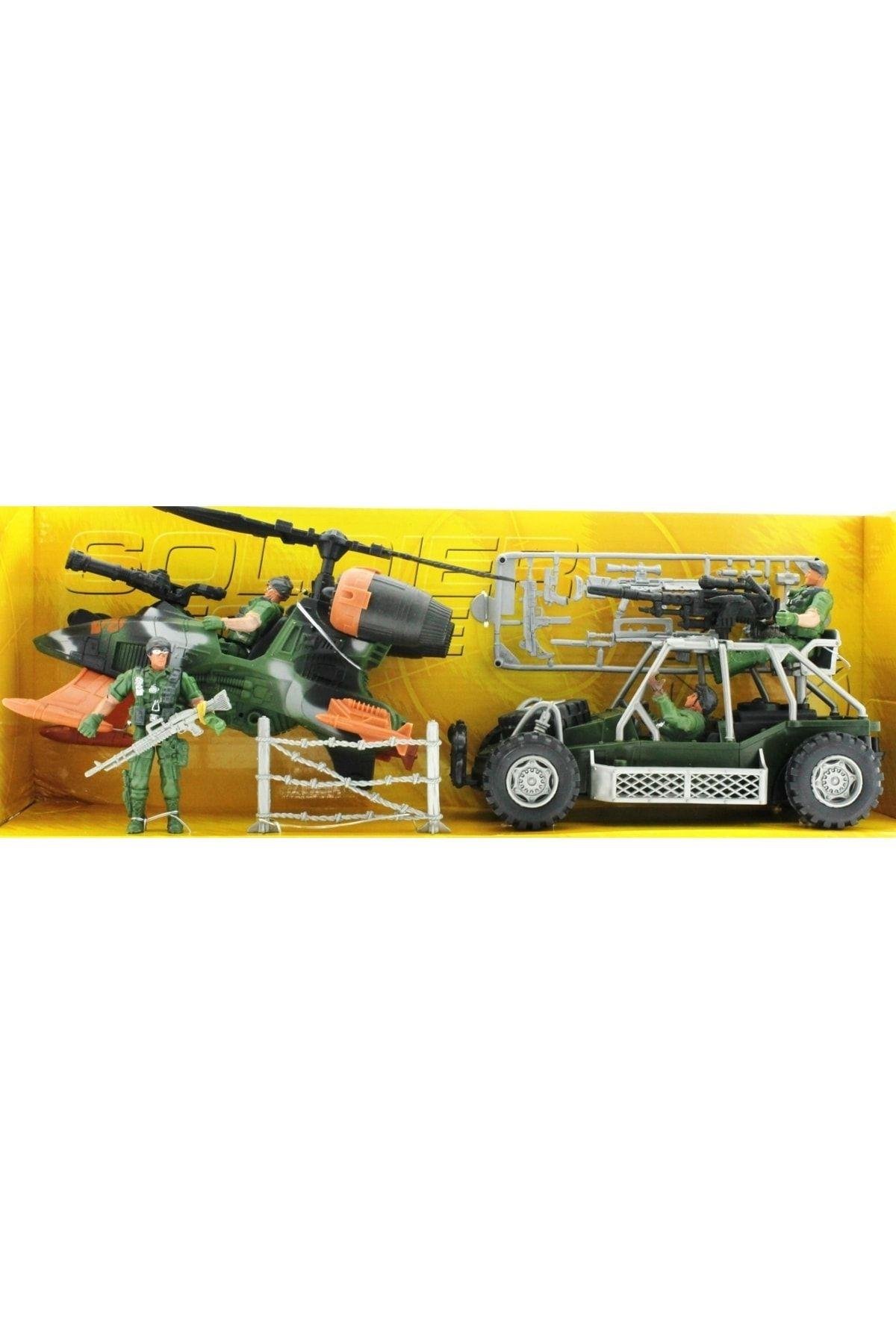 MEGA Unisex Çocuk Siyah Buggy Ve Helikopterli Askeri Oyun Seti-Araba Garaj ve Setleri